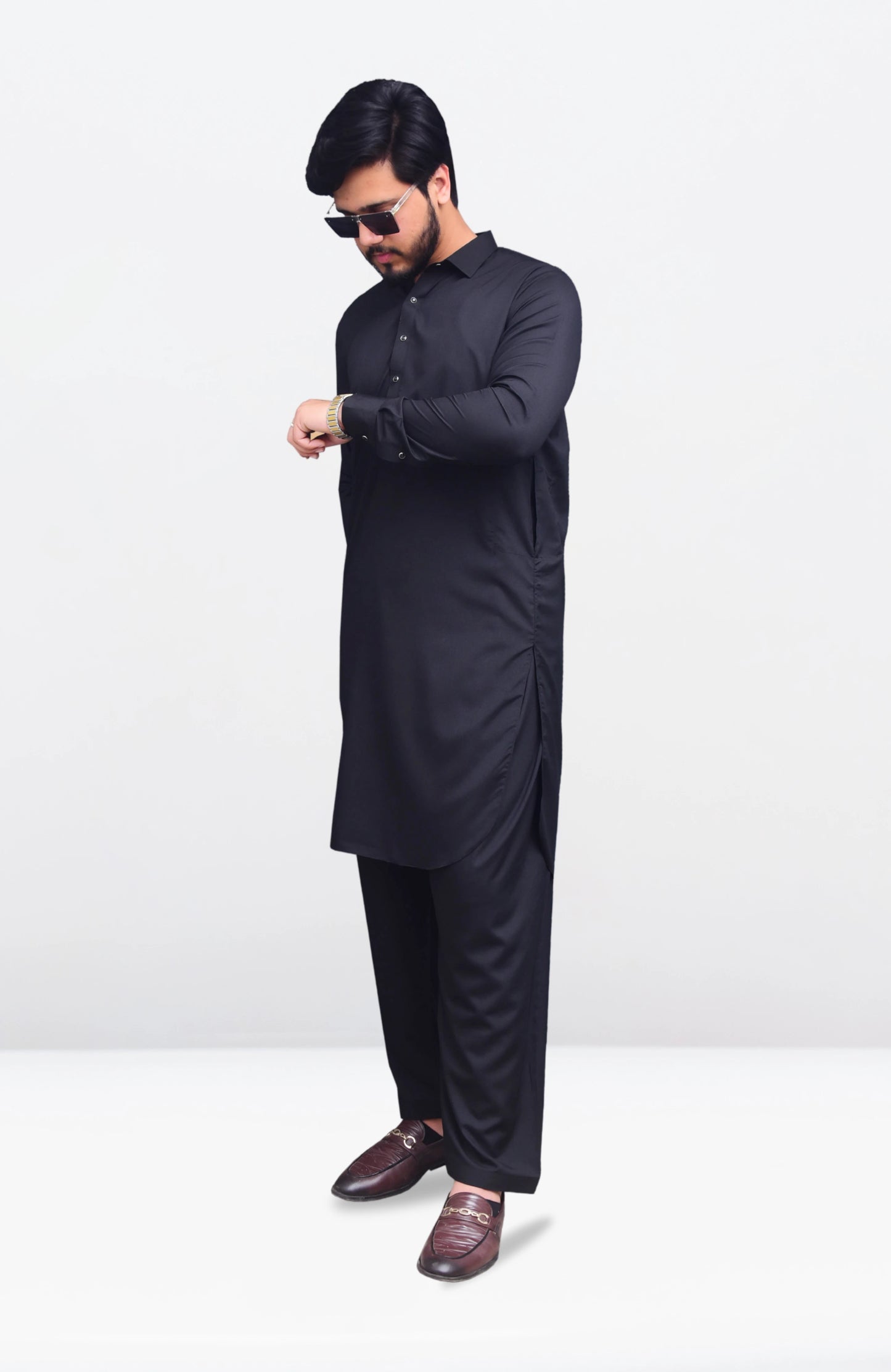 French Collar Stitched Shalwar Suit - Premium Black