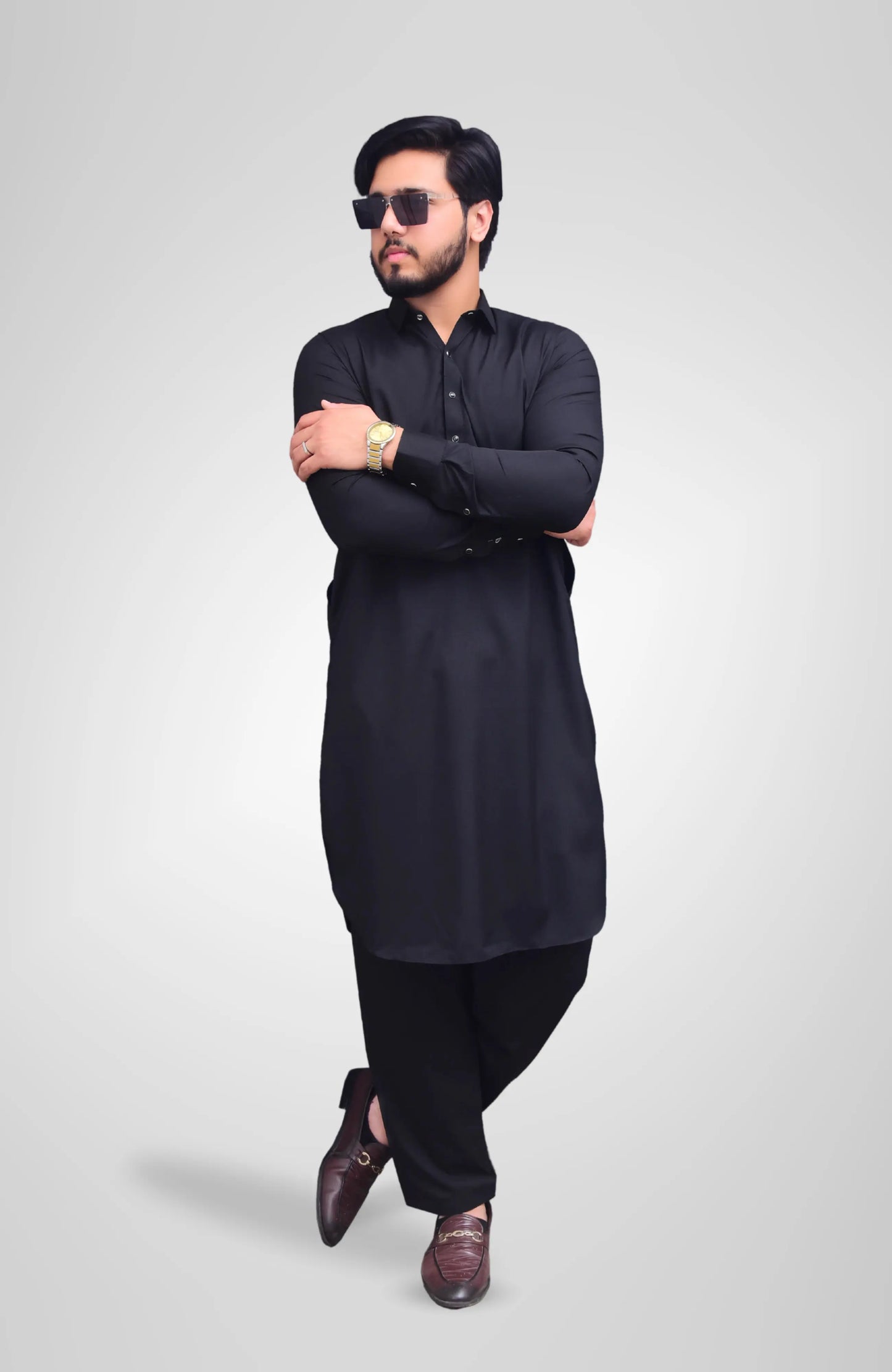 French Collar Stitched Shalwar Suit - Premium Black