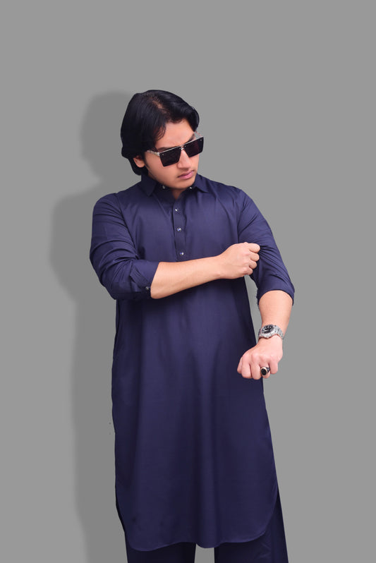 French Collar Premium Stitched Shalwar Suit - Navy Blue