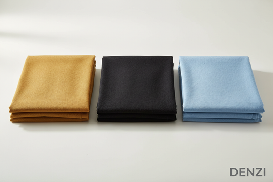 Create a 100% realistic single image featuring three menβs unstitched cotton suits placed neatly side by side. The colors should be Mustard Gold,black,sky blue. Show full fabric texture clearly with natural lighting. The background should be simple, clean, and elegant to highlight the suits. Add the text βDENZIβ at the bottom-right corner of the picture in a minimal, stylish font