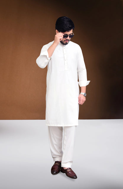 Classic Pearl White Stitched Shalwar Suit