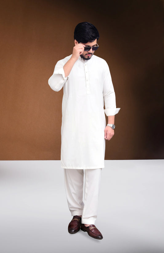 Classic Pearl White Stitched Shalwar Suit