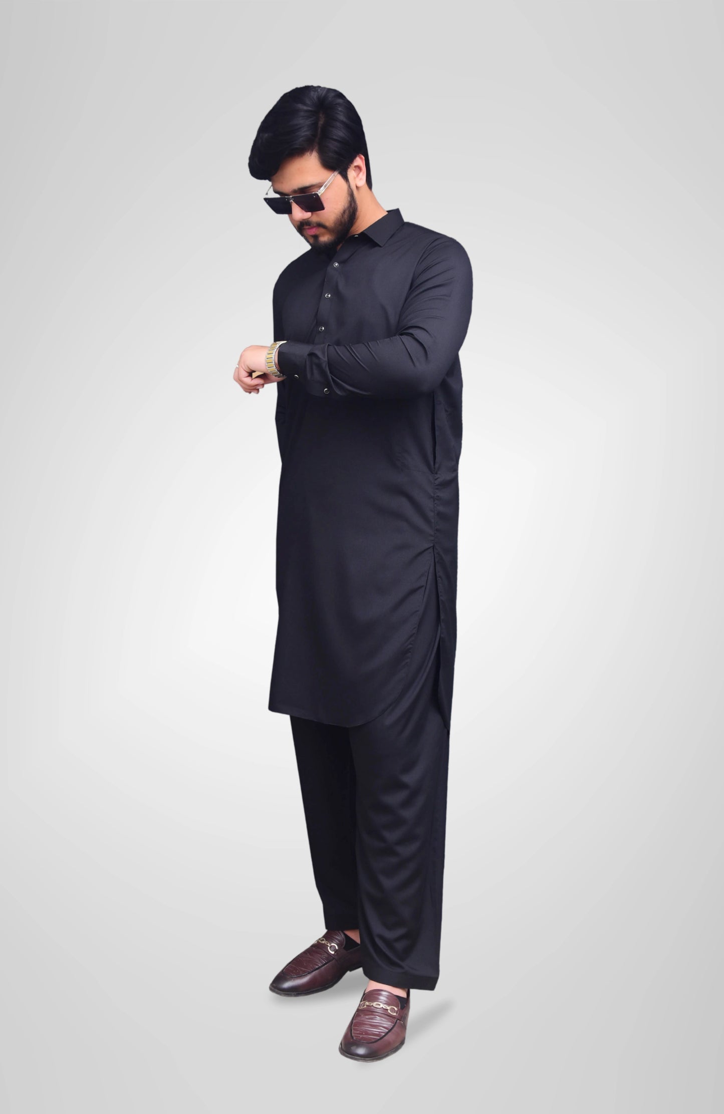 French Collar Shalwar Suit - Premium Black