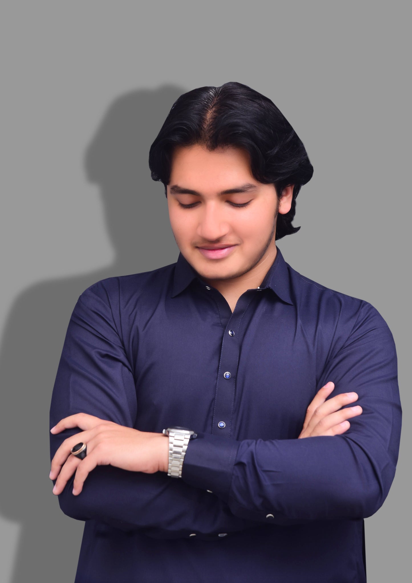 French Collar Premium Stitched Shalwar Suit - Navy Blue