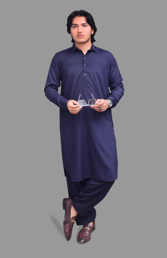 French Collar Premium Shalwar Suit - Navy Blue