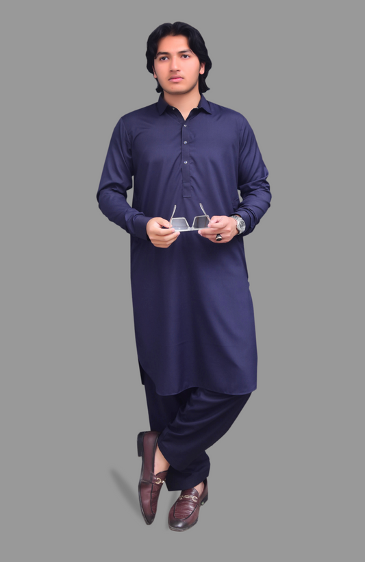 French Collar Premium Stitched Shalwar Suit - Navy Blue