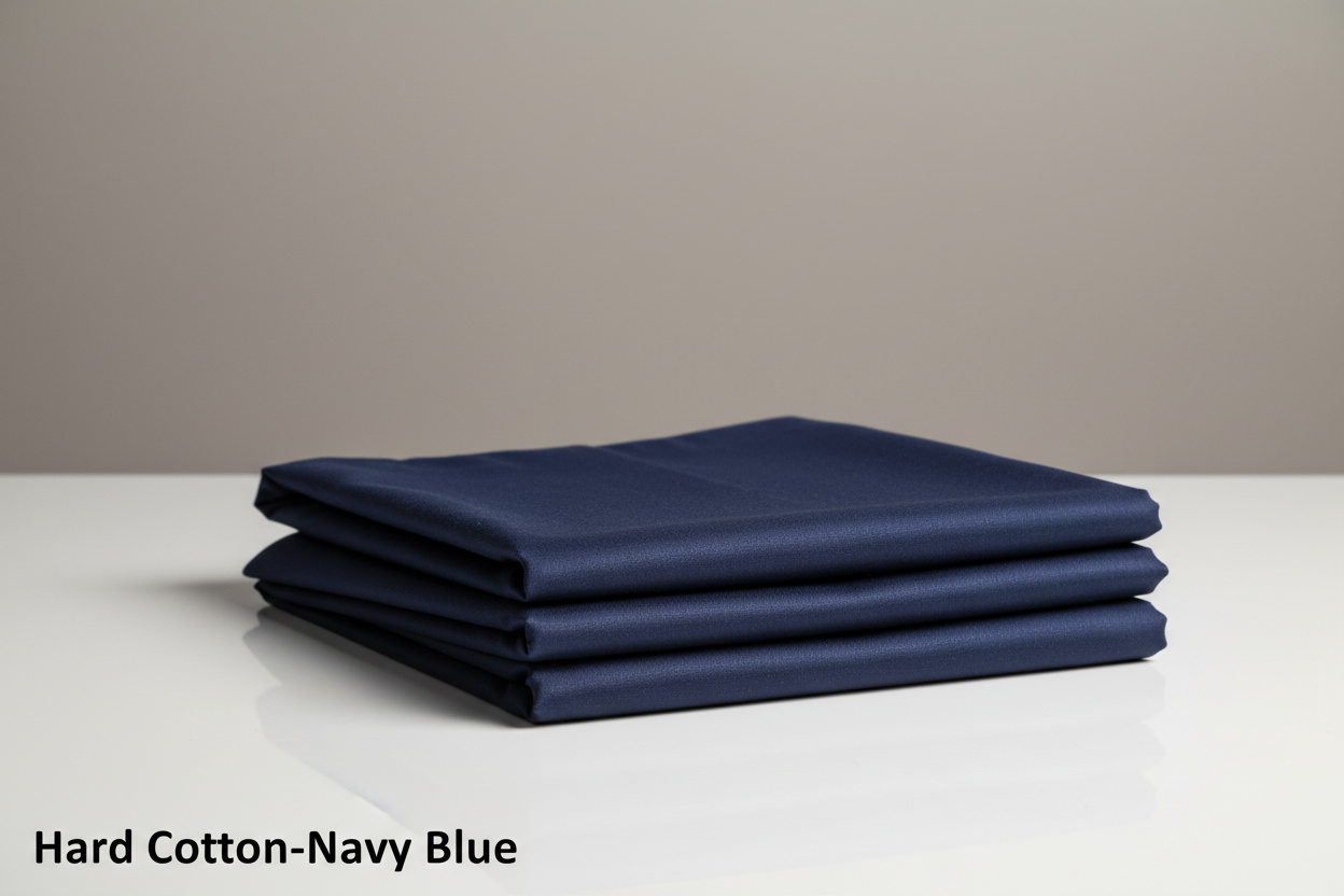 Create a 100% realistic vertical image showing a Navy Blue men’s unstitched cotton suit placed on a table in a neatly folded form. The fabric texture should be clearly visible plane and shiny  with soft natural lighting. Keep the background simple and clean. Add the text ‘Hard Cotton-Navy Blue’ at the bottom-left corner in a minimal, elegant font in black color