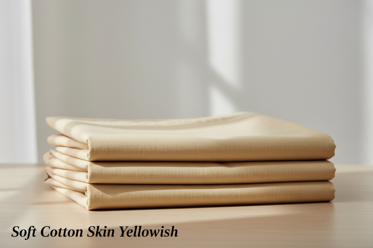 Create a 100% realistic vertical image showing skin Yellowish men’s unstitched cotton suit placed on a table in a neatly folded form. The fabric texture should be clearly visible with soft natural lighting. Keep the background simple and clean. Add the text ‘Soft Cotton Skin Yellowish’ at the bottom-left corner in a minimal, elegant font in black color