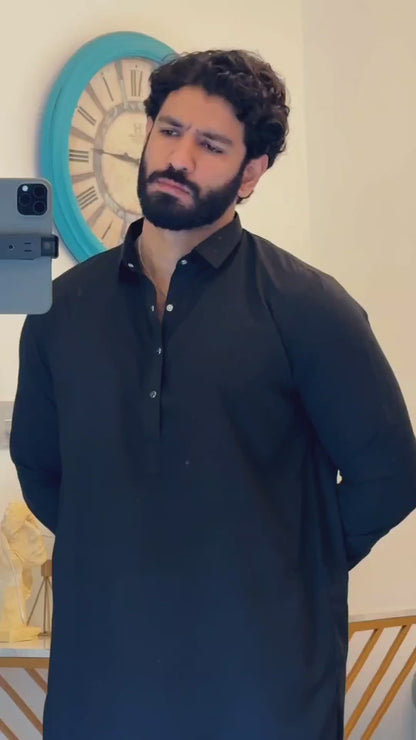 French Collar Stitched Shalwar Suit - Premium Black