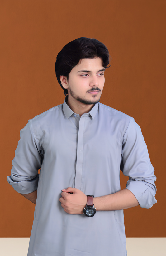 Formal Stitched Shalwar Suit - Silver Grey